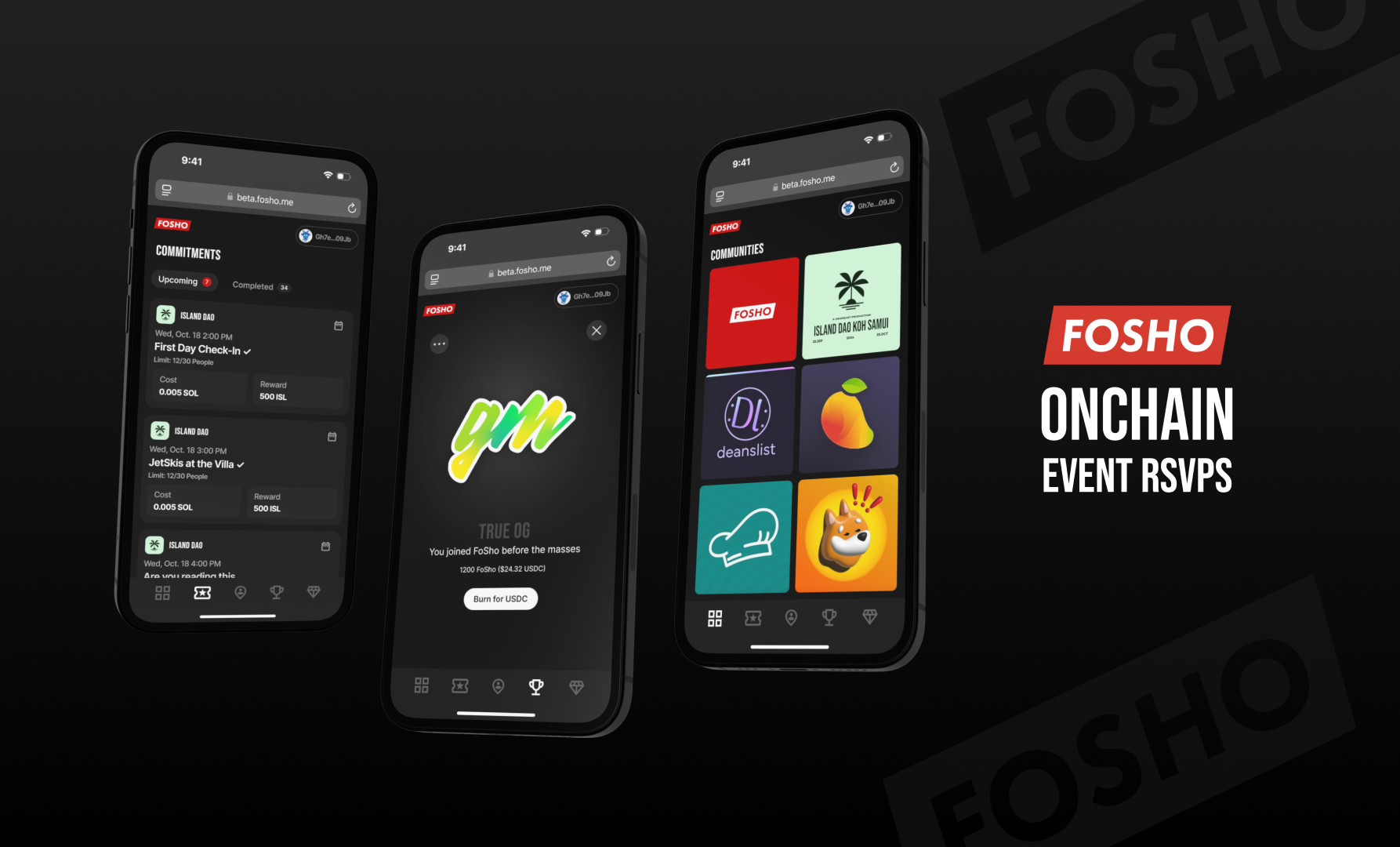 FoSho commitments app on three phones